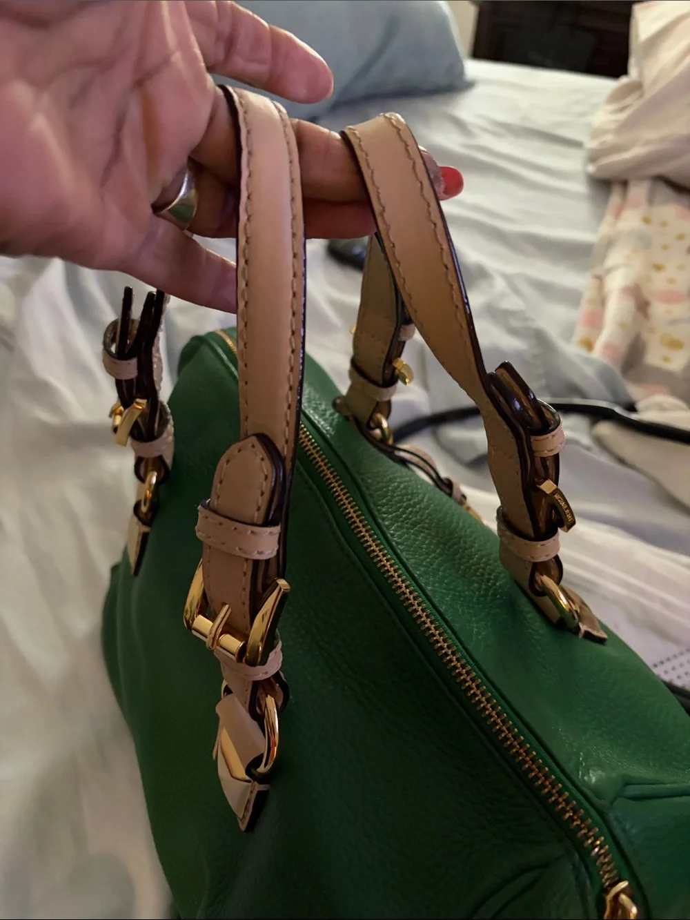 Michael Kors Green Leather Satchel with Beige Trim - Picture 5 of 15